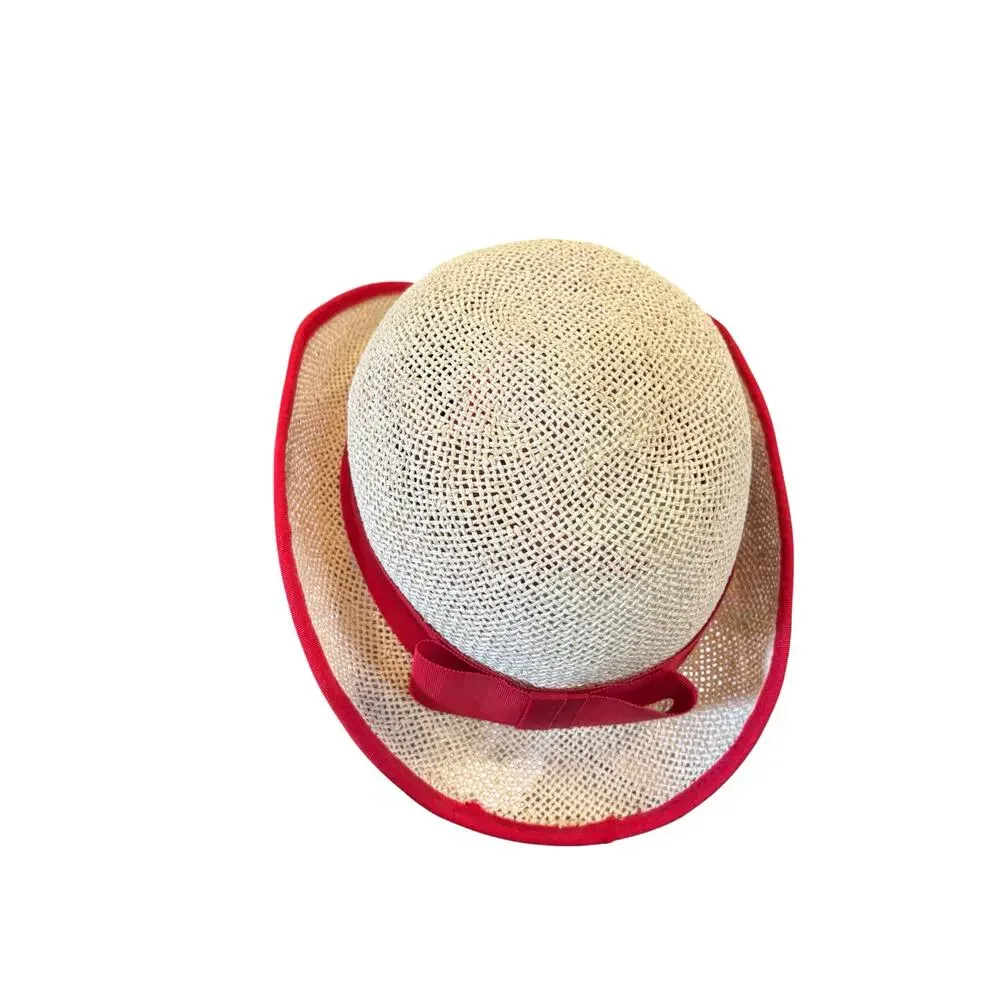 50s Red Ribbon Straw Cloche Hat Cinderella New York Picnic Rockabilly